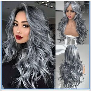 Jadeadyseg Silver Gray Wigs Long Layered Ombre Gray Highlight Wig Synthetic 24”